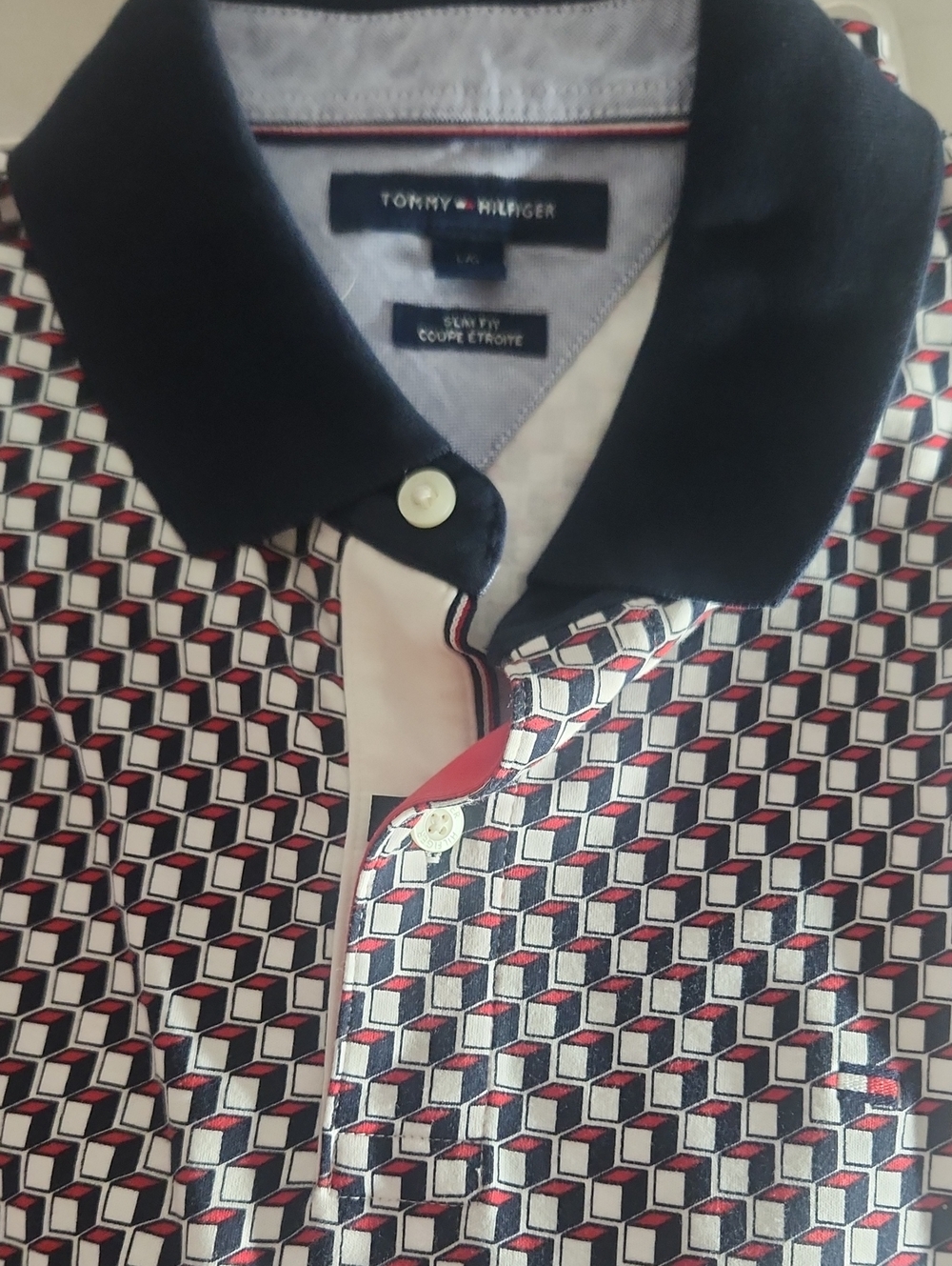 Tommy Hilfiger Men’s Navy, Red & White Geometric Print Polo